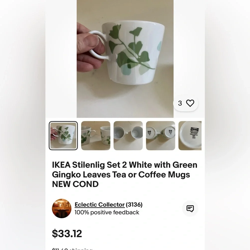 2 IKEA Stilenlig White Mugs With Ginko Leaves.